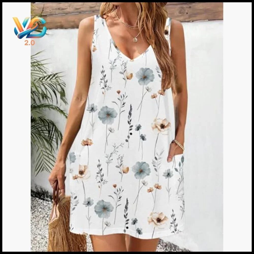 Women's Casual Sundress with Pockets V-Neck A-Line Summer Beach Dress